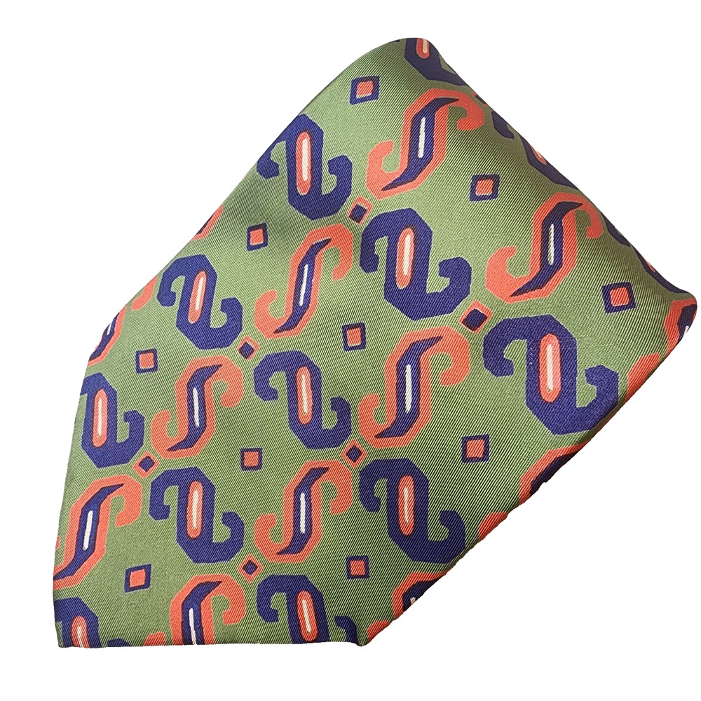 Great Wall Necktie 4" Wide Geometric Green Red Blue Silk 56" Vintage 70s